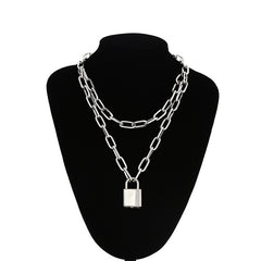 Double layer Lock Chain necklace punk 90s link chain silver color padlock pendant necklace women fashion gothic jewelry